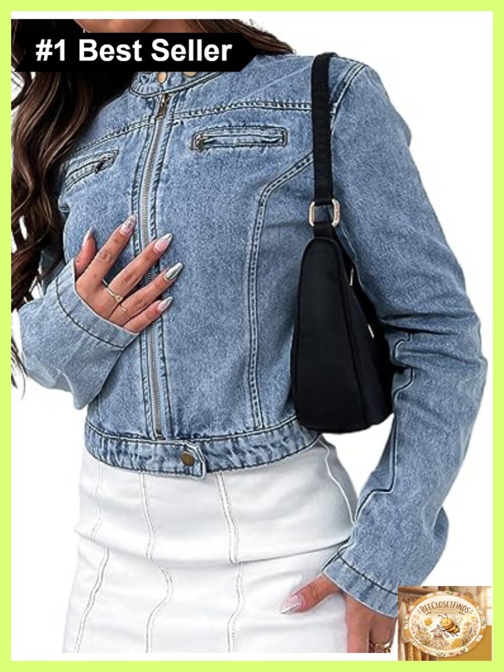 Stretchy Cropped Denim Jacket Zip Front Motorcycle Style Women's